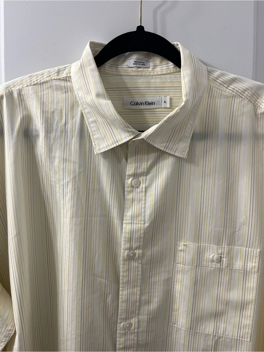 Calvin Klein Men's Cream Button-Up Shirt with Thin Yellow Stripes